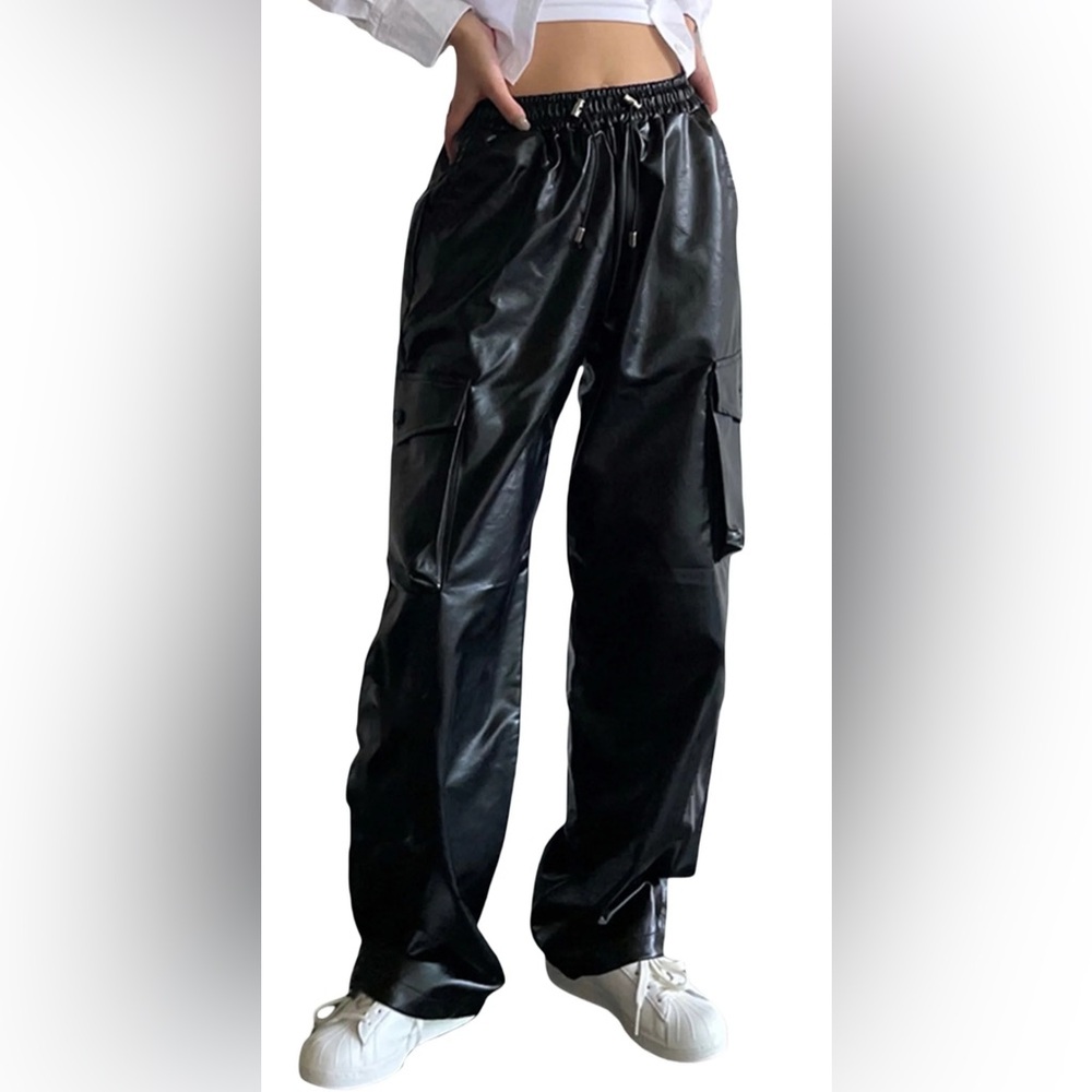 [Sweet Envy] Wide Leg Pleather Cargo Elastic Waist Drawstring Pants Womens Large